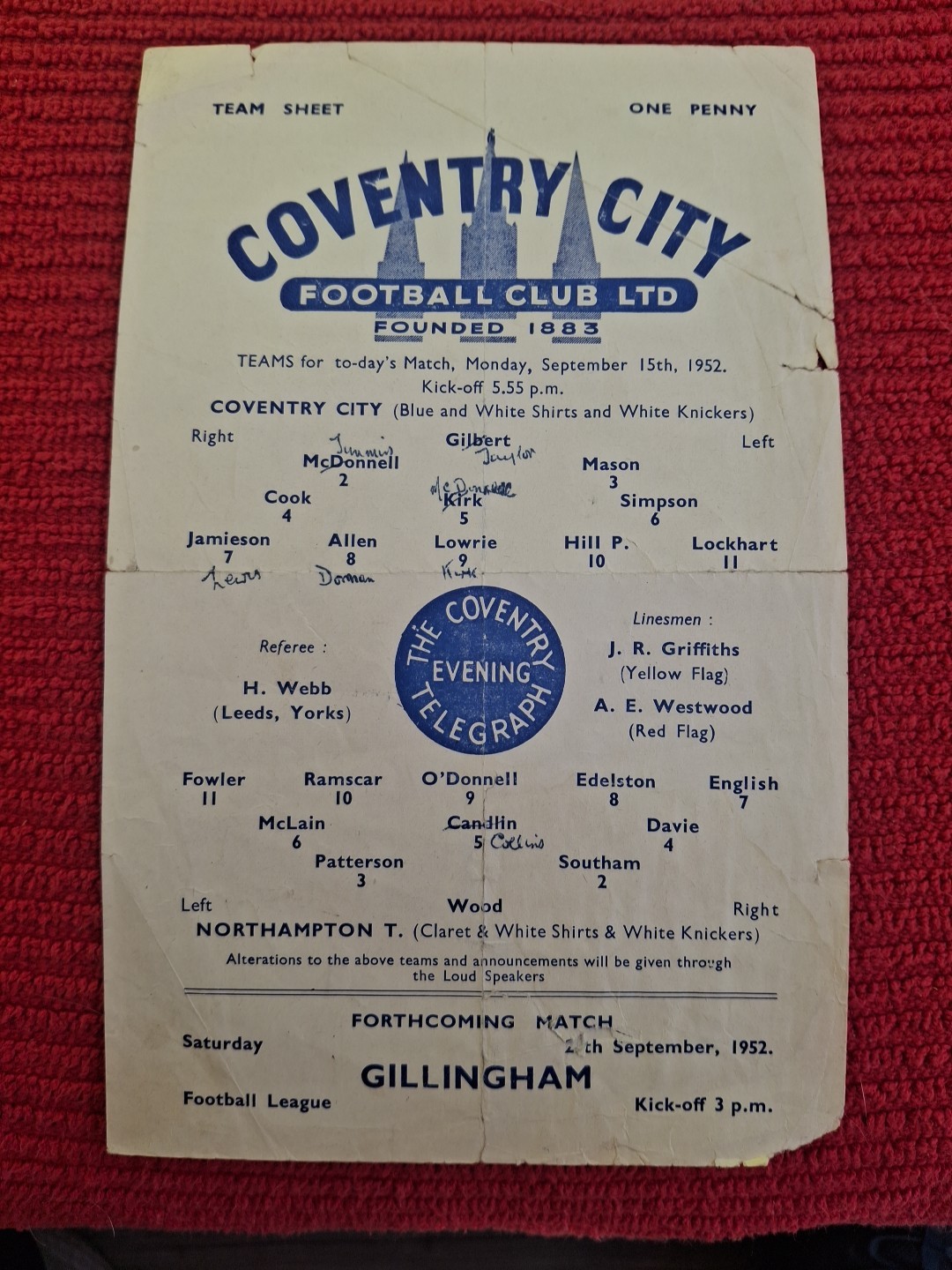 Coventry City v Northampton Town programme.  15/9/1952 for sale on Ebay