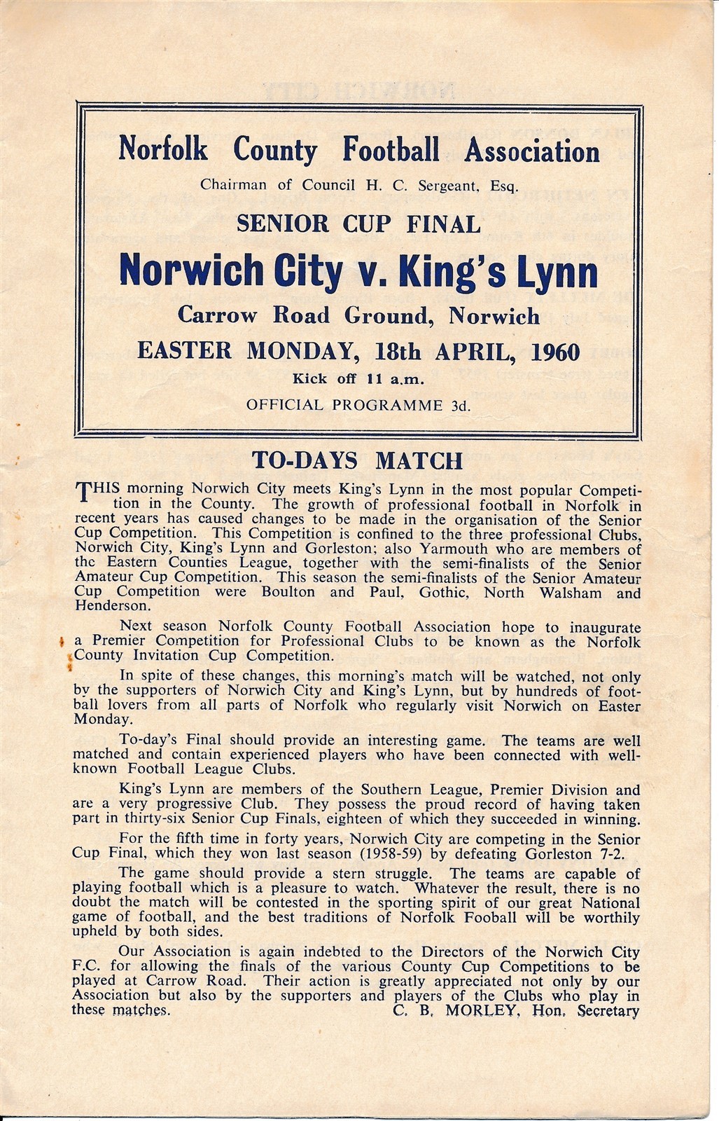 Norwich City v Kings Lynn (Norfolk Senior Cup Final @ Carrow Road) 1959/1960 for sale on Ebay