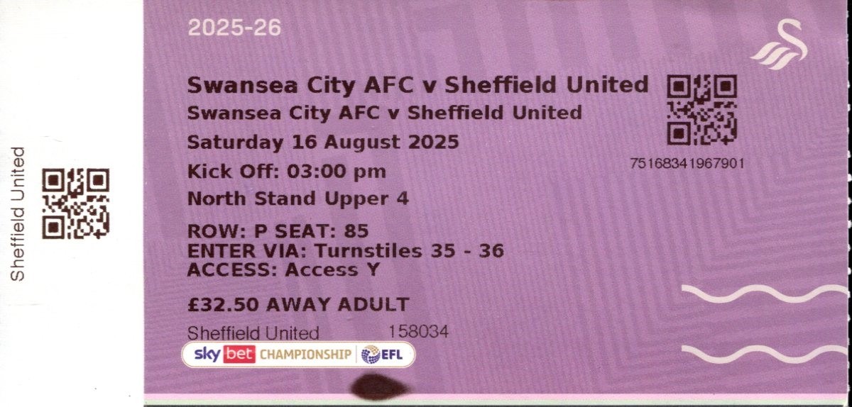 Swansea City v Sheffield United 16/08/25 Ticket Championship for sale on Ebay