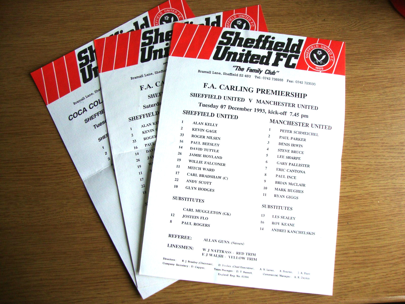 1993/4/5 - 3 x Sheffield United Team Sheets v Man Utd, Chelsea, Bolton Excellent for sale on Ebay