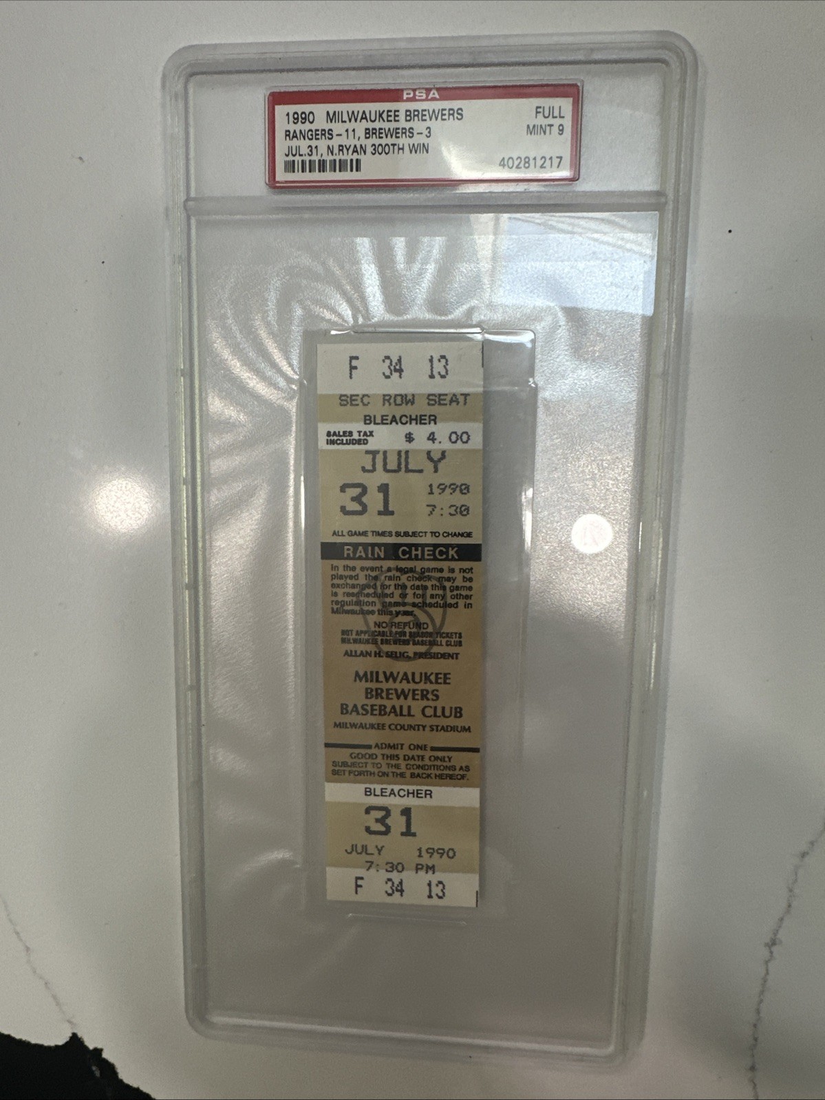 Nolan Ryan Texas Rangers Signed 300th Win Full Ticket PSA 9 for sale on Ebay