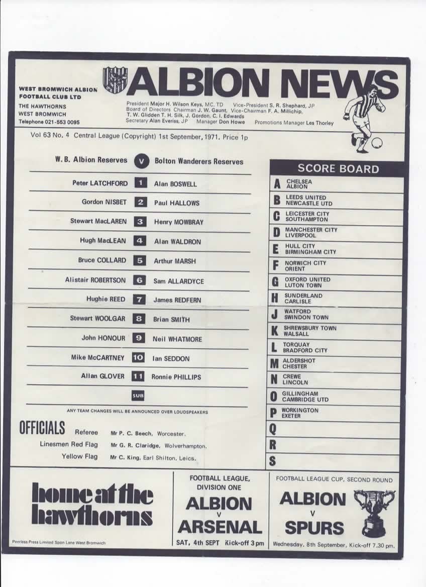 West Bromwich Albion Reserves v Bolton Wanderers Reserves 1971/1972 for sale on Ebay
