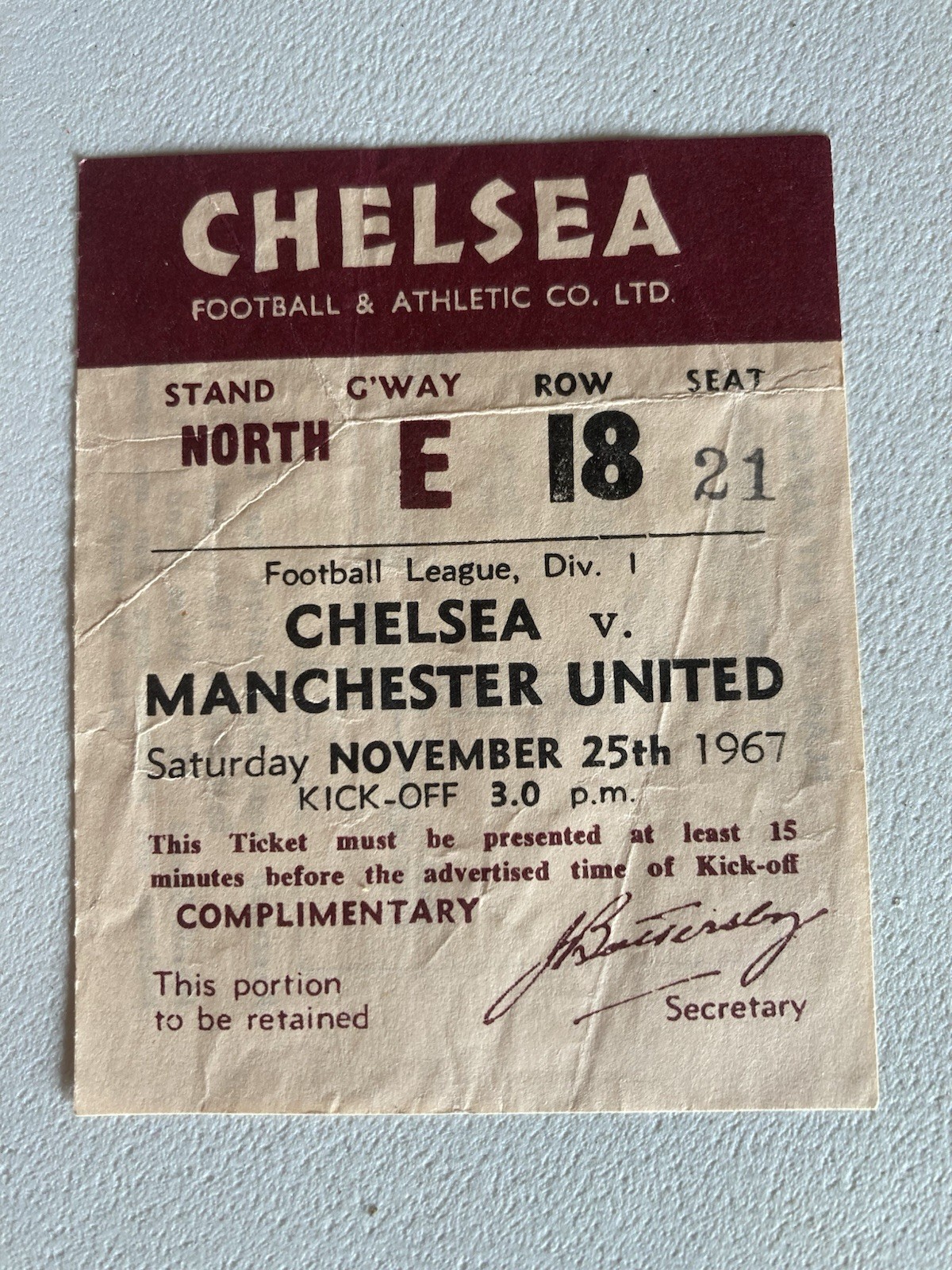 TICKET Chelsea v Manchester United 1967 1967/68 1st Division 25th November for sale on Ebay