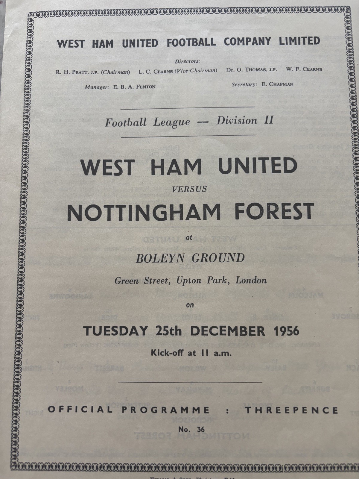 West Ham United V Nottingham Forest. 25th December 1956. Christmas Day. MINT.  for sale on Ebay