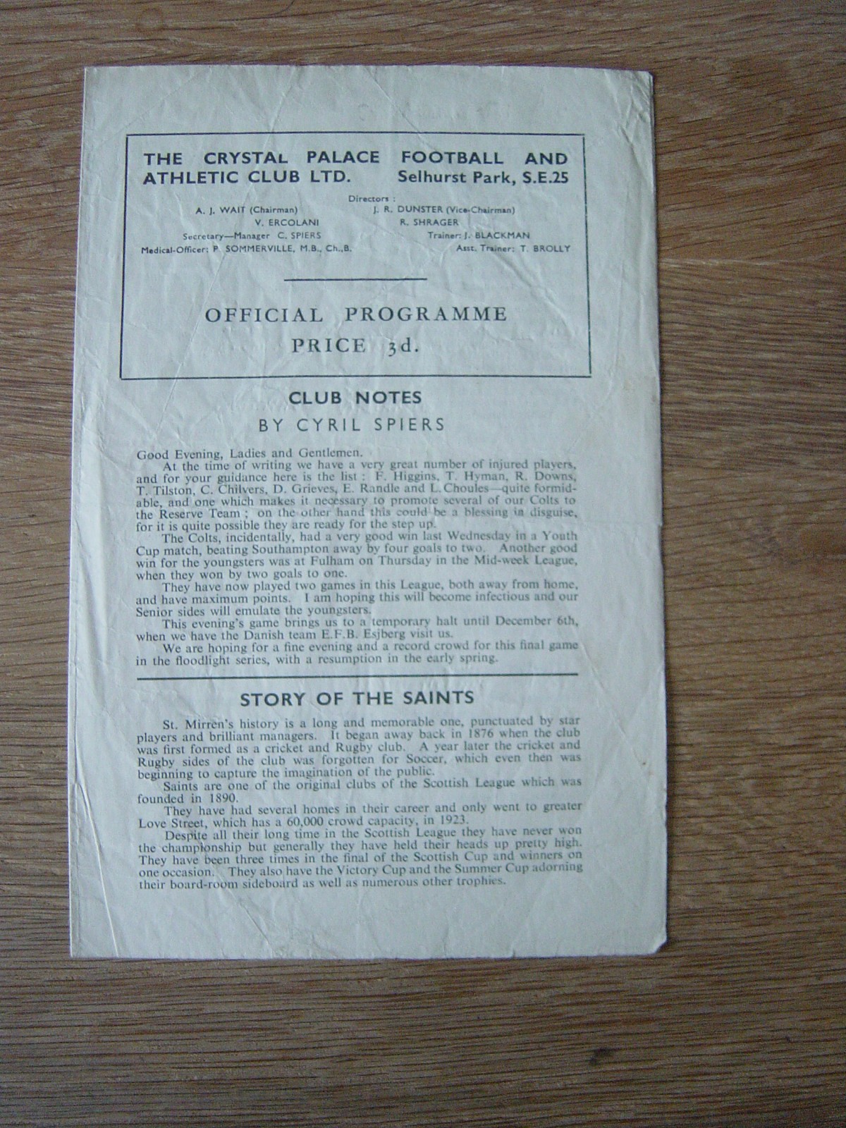 1954/55 CRYSTAL PALACE v ST MIRREN for sale on Ebay