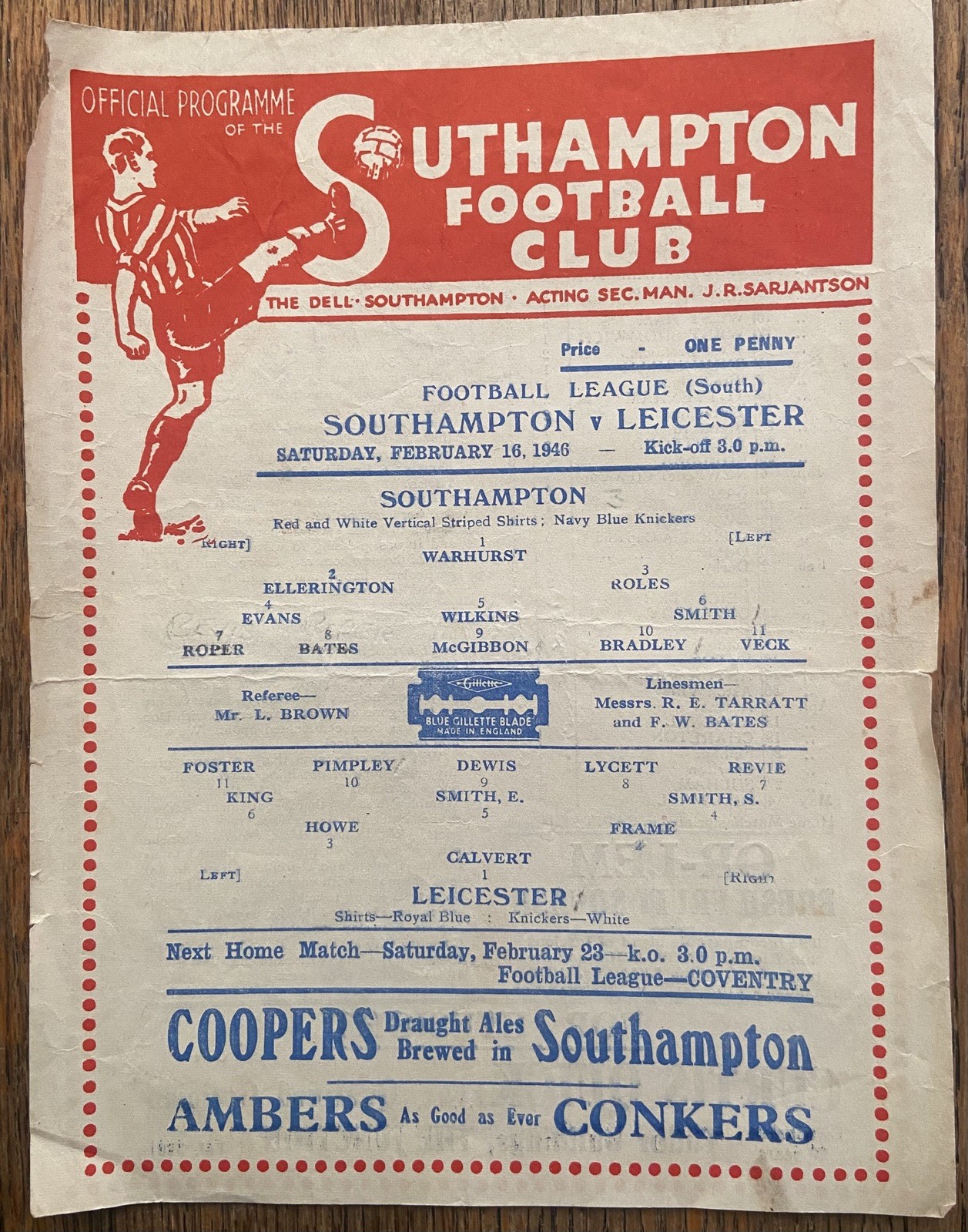 1946 SOUTHAMPTON v LEICESTER CITY Programme. Football League (South). Rare/ VG. for sale on Ebay