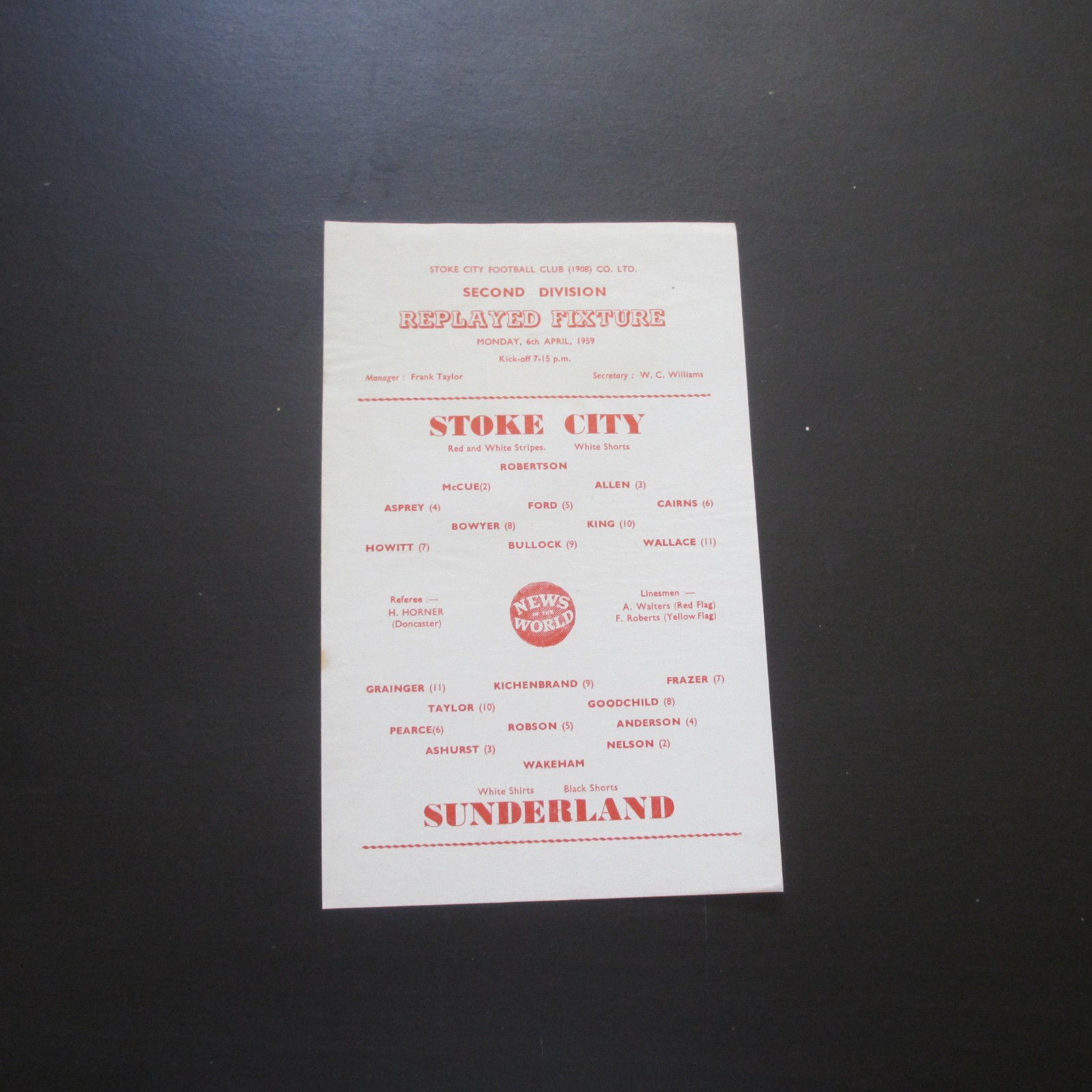 Stoke v Sunderland Div 2 1958/9 - Single Sheet for sale on Ebay