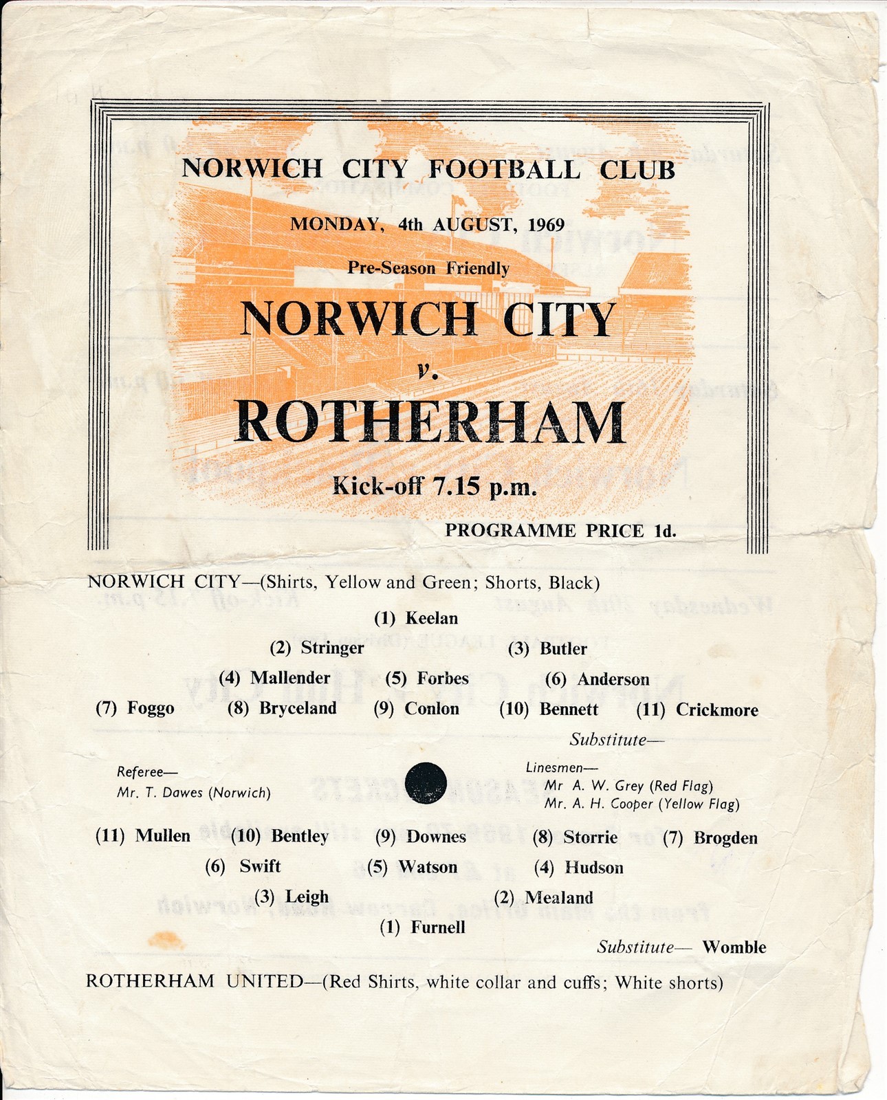 Norwich City v Rotherham United (Friendly) 1969/1970 - single sheet programme for sale on Ebay