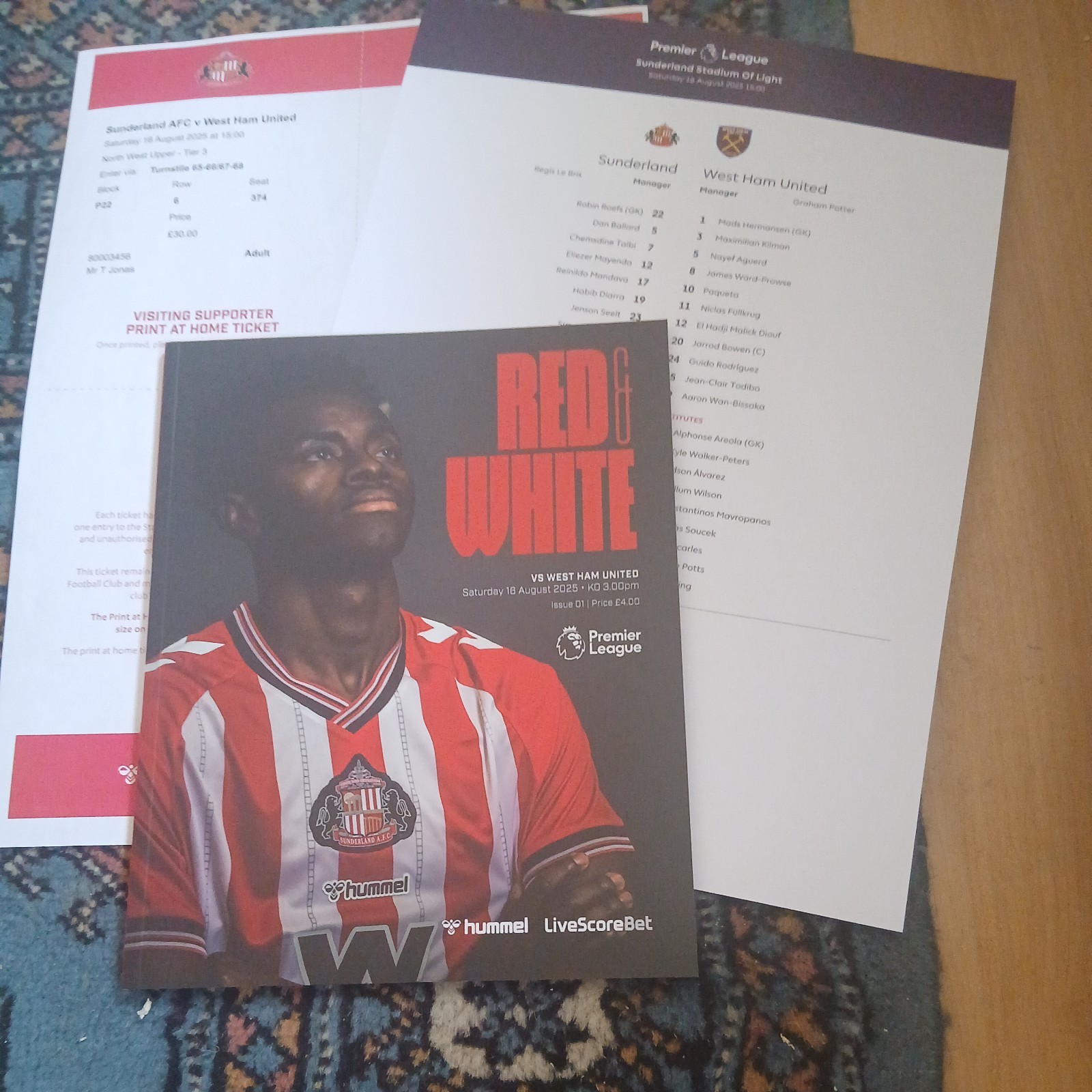 SUNDERLAND v  WEST HAM UNITED  Programme/PDF Ticket / Teamsheet  16/8/25  for sale on Ebay