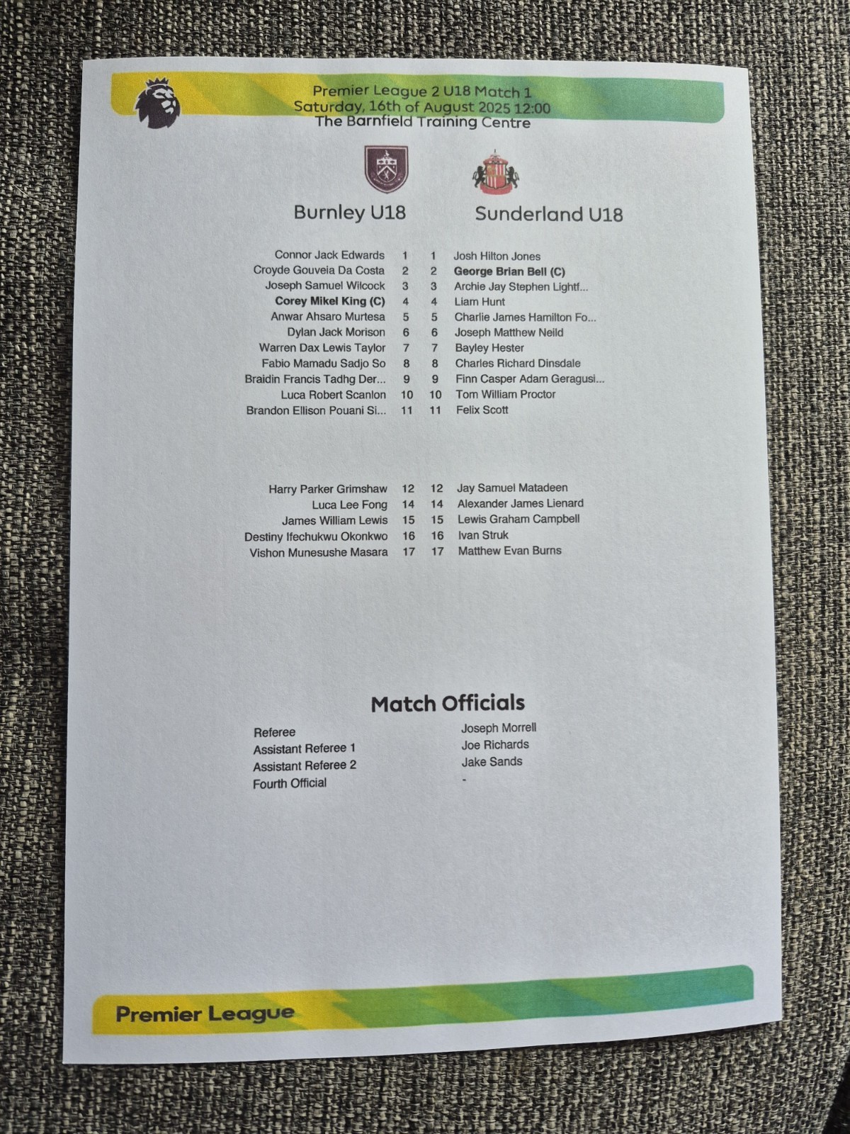 2025/26 Burnley U18 v. Sunderland U18 (Premier League U18s) for sale on Ebay
