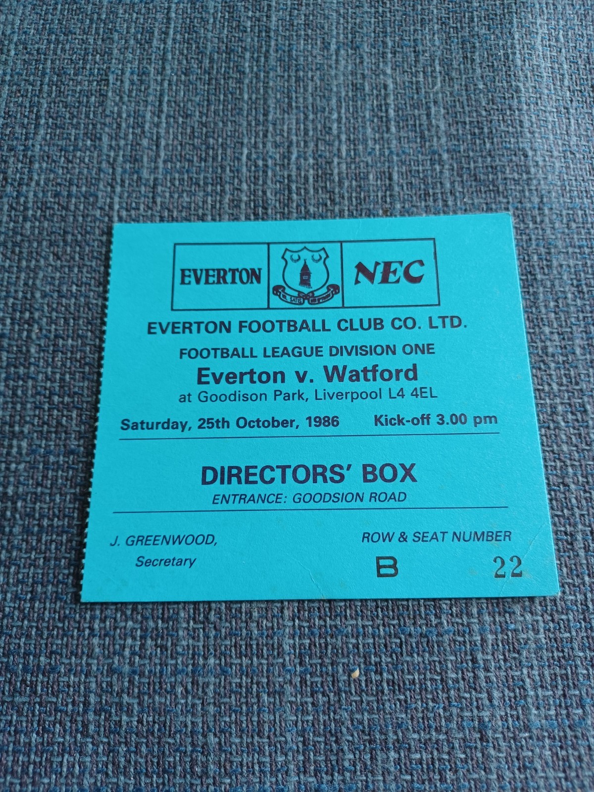 Everton V Watford 25/10/1986 Directors Box Match Ticket for sale on Ebay