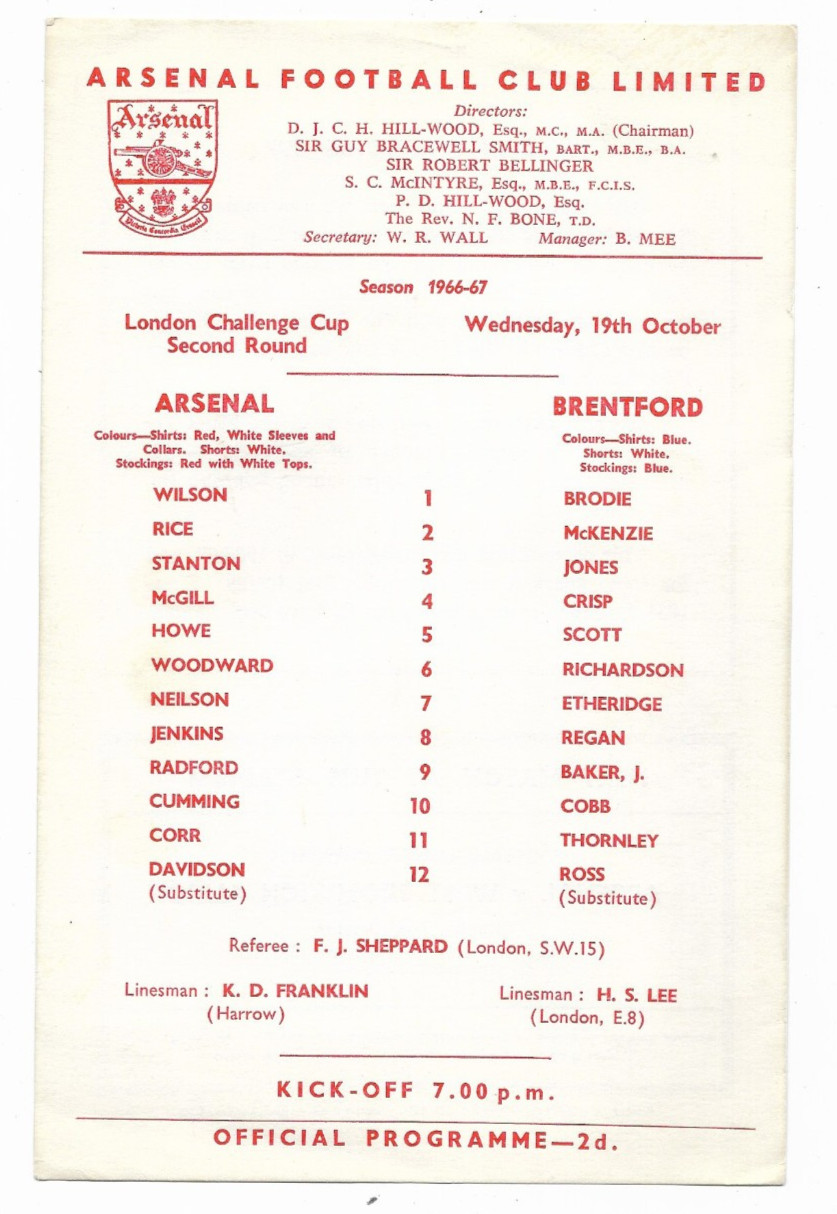 1966/67 London Challenge Cup 2nd Round - ARSENAL v. BRENTFORD (single card) for sale on Ebay