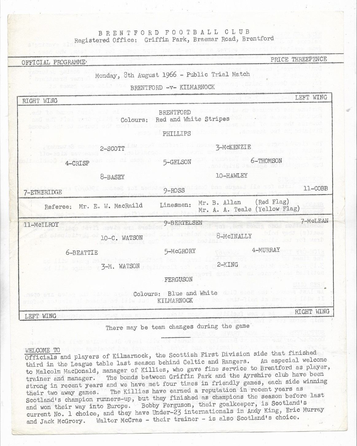 1966 Public Trial Match - BRENTFORD v. KILMARNOCK (single sheet) for sale on Ebay