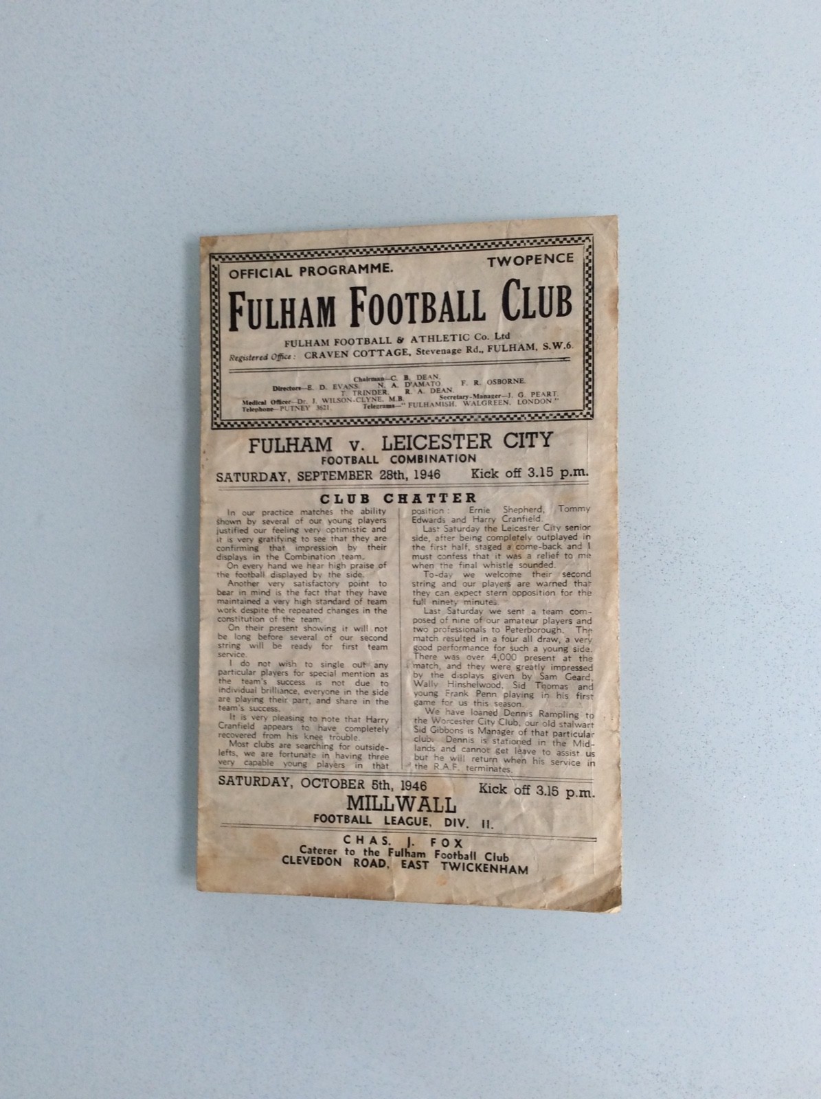 FULHAM RESERVES V LEICESTER CITY RESERVES 28.09.1946 COMBINATION GAME for sale on Ebay