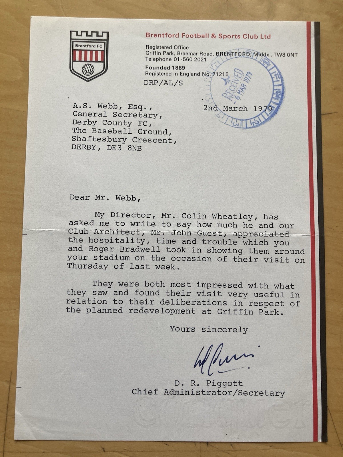 March  1979 Brentford Official Letter To Derby County re Griffin Park Visit. for sale on Ebay
