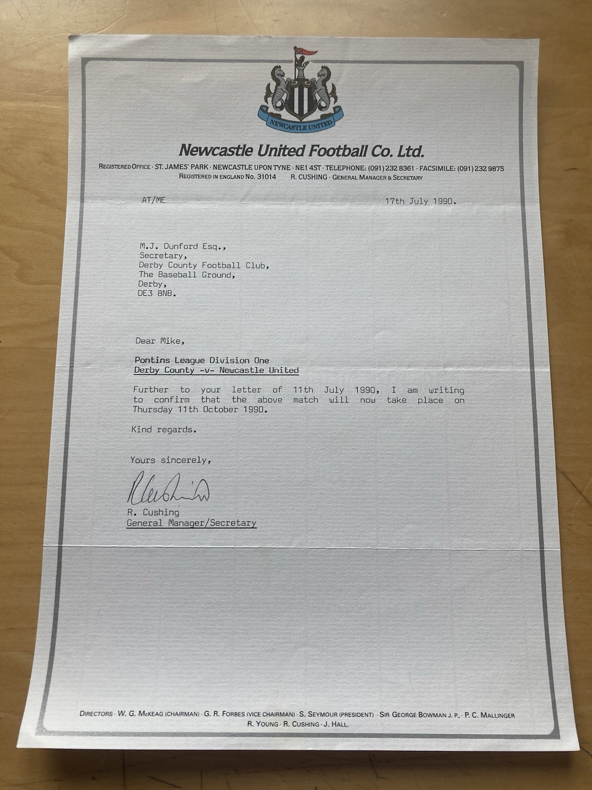 July 1990 Newcastle United Letter - Derby County - Reserves Fixture Confirmation for sale on Ebay