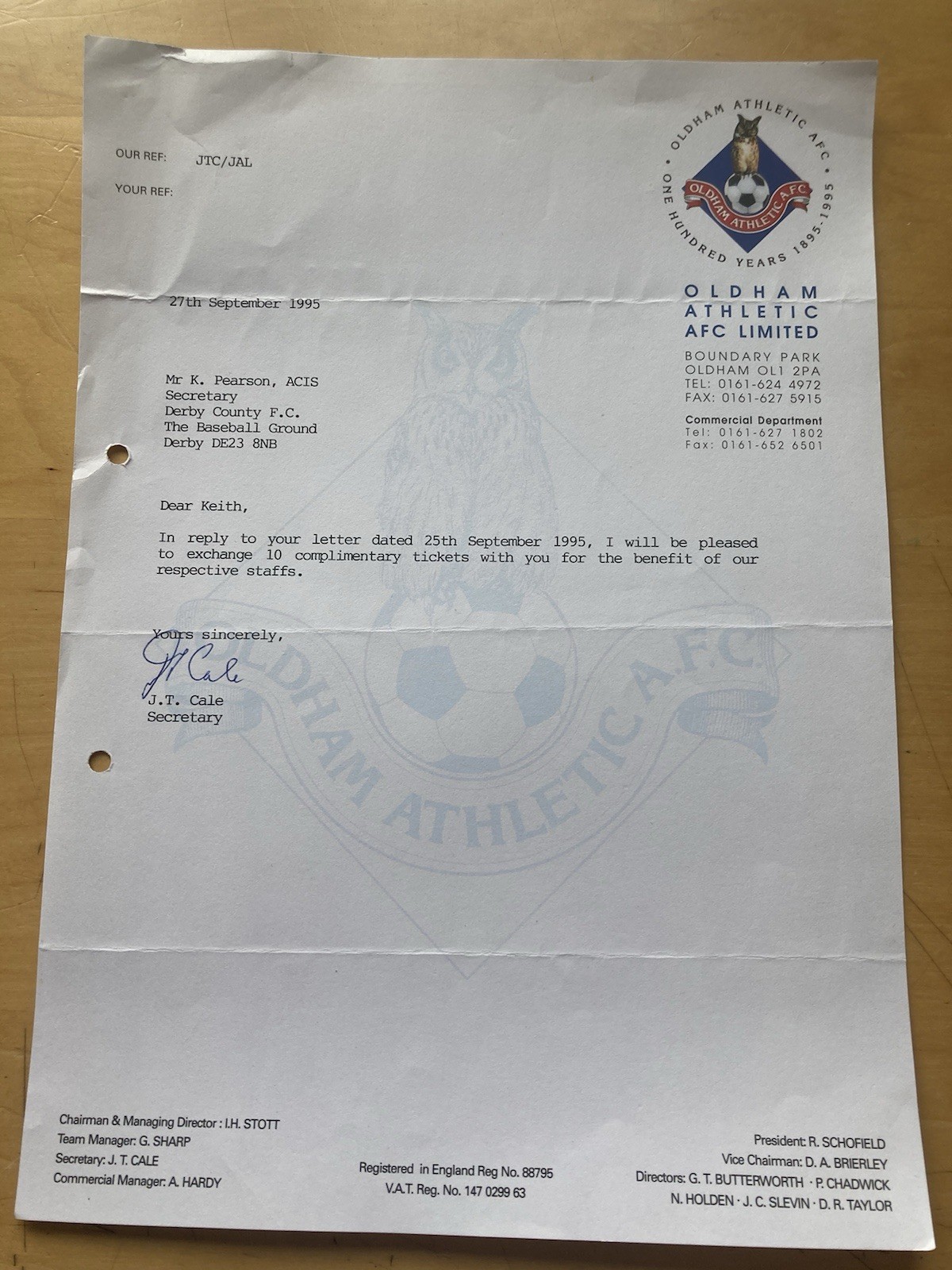 Sept 1995 Oldham Athletic Letter To Derby County re Staff Ticket Exchange. for sale on Ebay