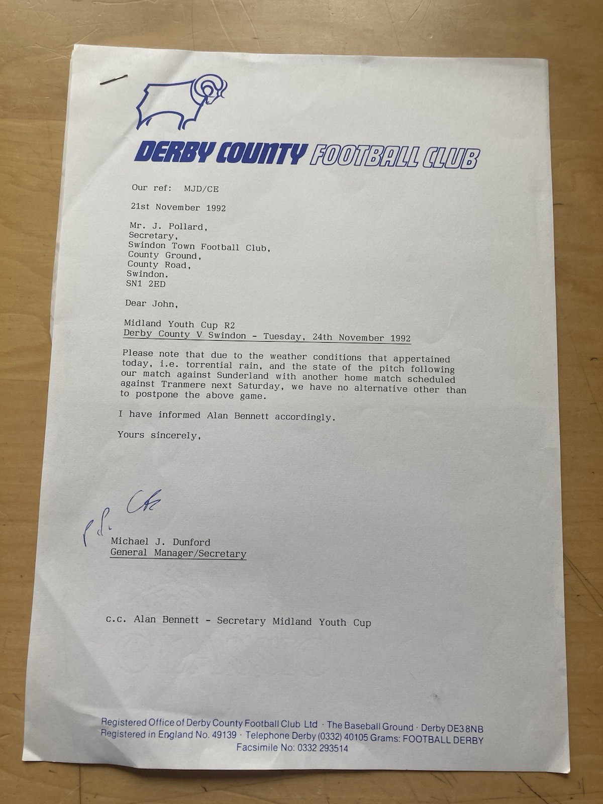 Nov 1992 Derby County Letter To Swindon Town re Baseball Ground Pitch Problem. for sale on Ebay