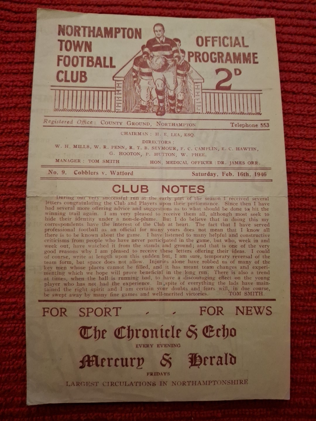 Northampton Town v Watford programme.  16/2/1946 for sale on Ebay