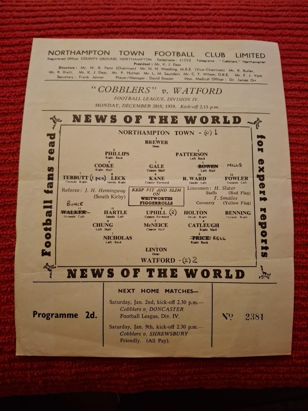 Northampton Town v Watford programme.  28/12/1959 for sale on Ebay