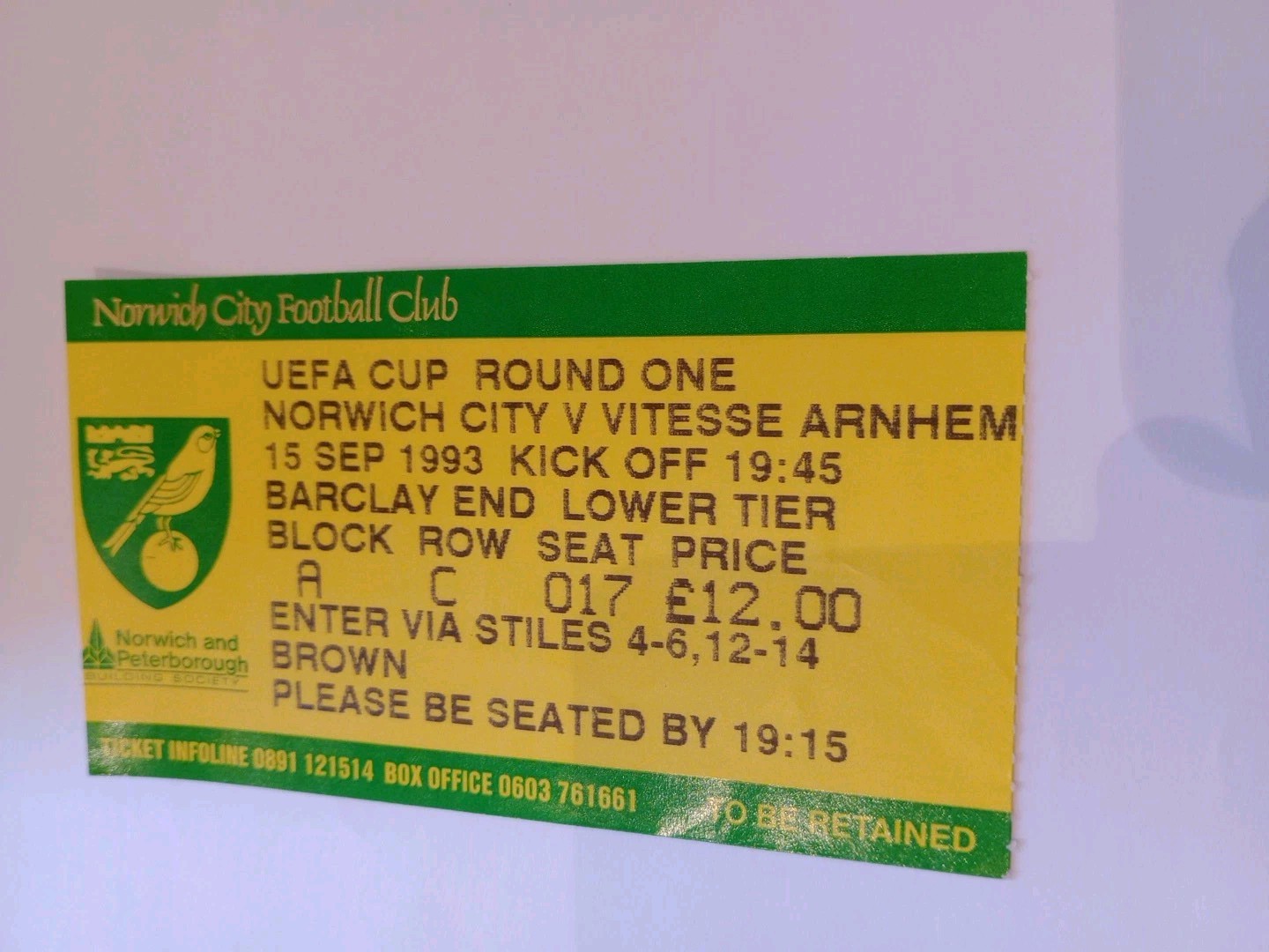 Norwich City v Vitesse Arnhem Football   Ticket 1993 for sale on Ebay