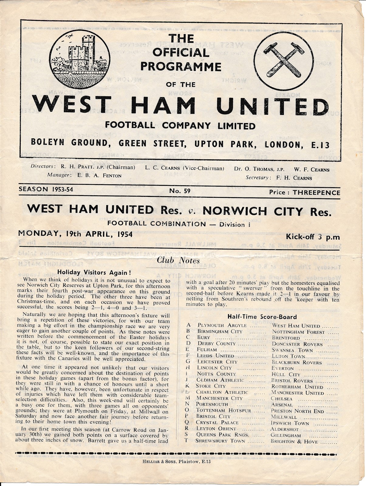 West Ham United Reserves v Norwich City (Combination) 1953/1954 for sale on Ebay