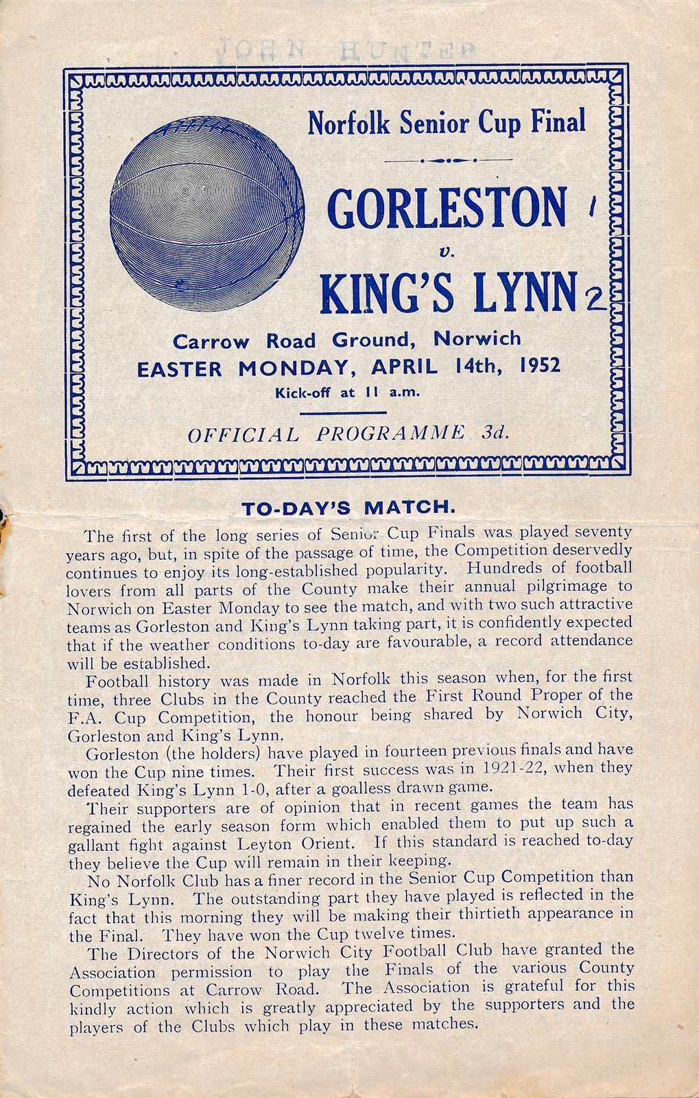 NORWICH CITY - Gorleston v Kings Lynn (Norfolk Cup Final @ Carrow Road) 1952 for sale on Ebay
