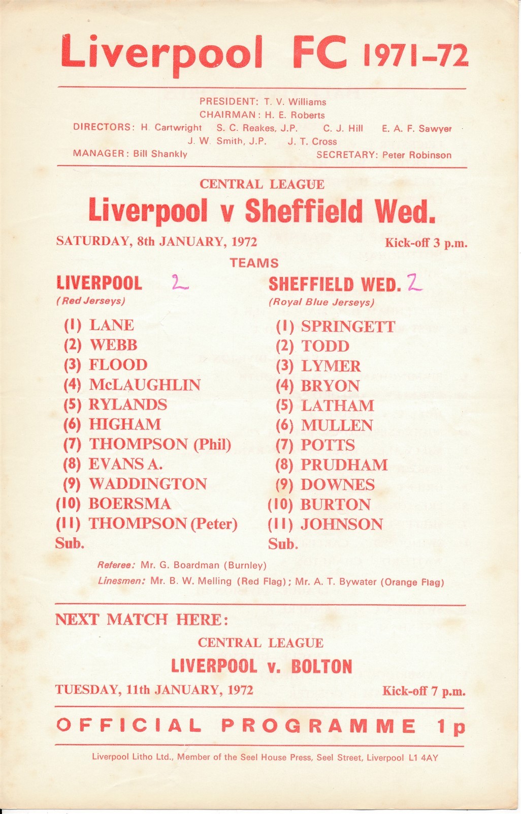 Liverpool Reserves v Sheffield Wednesday (Central League) 1971/1972 for sale on Ebay