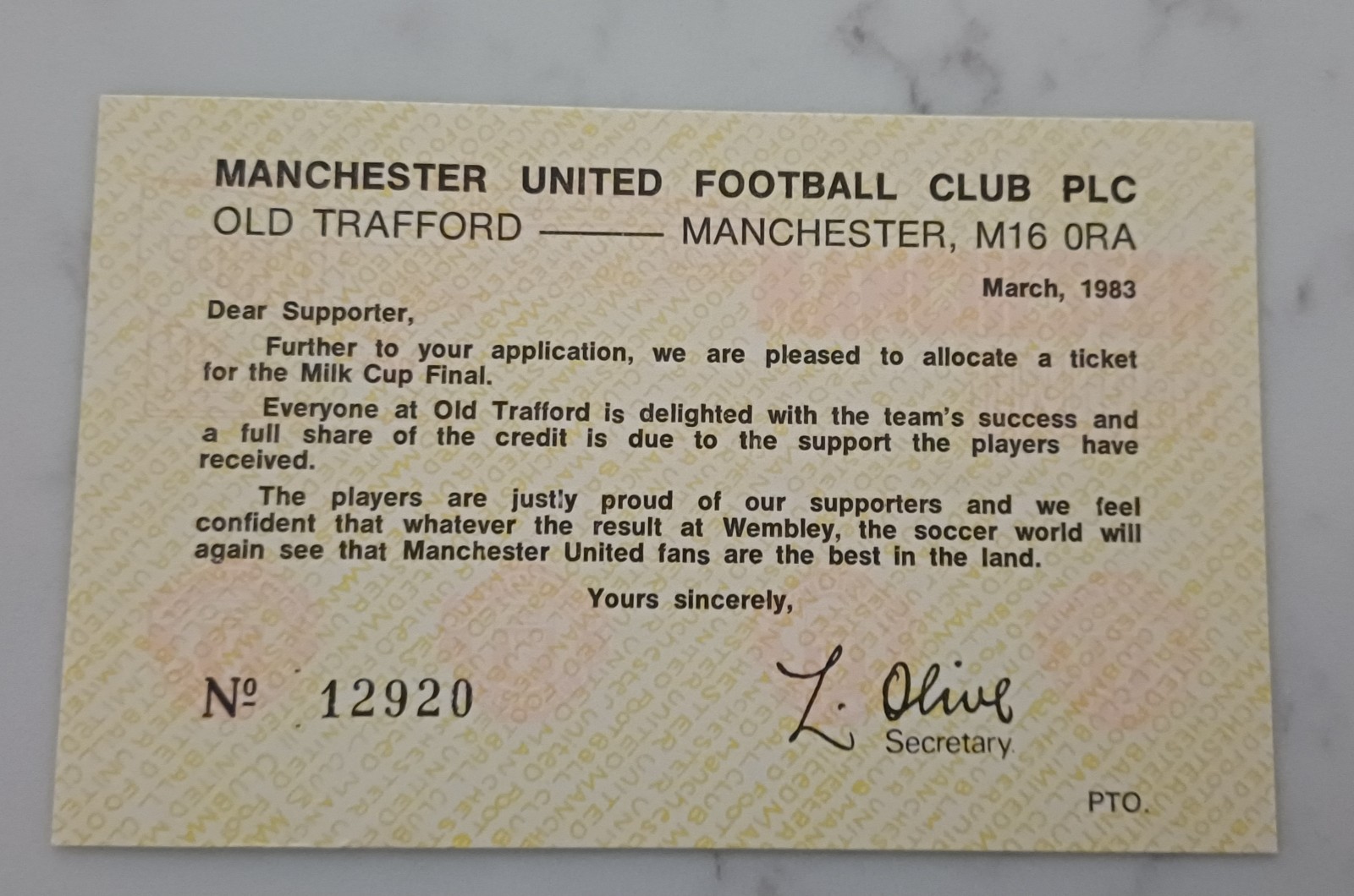 1983 MANCHESTER UNITED v LIVERPOOL MILK CUP FINAL TICKET RECEIPT CARD for sale on Ebay