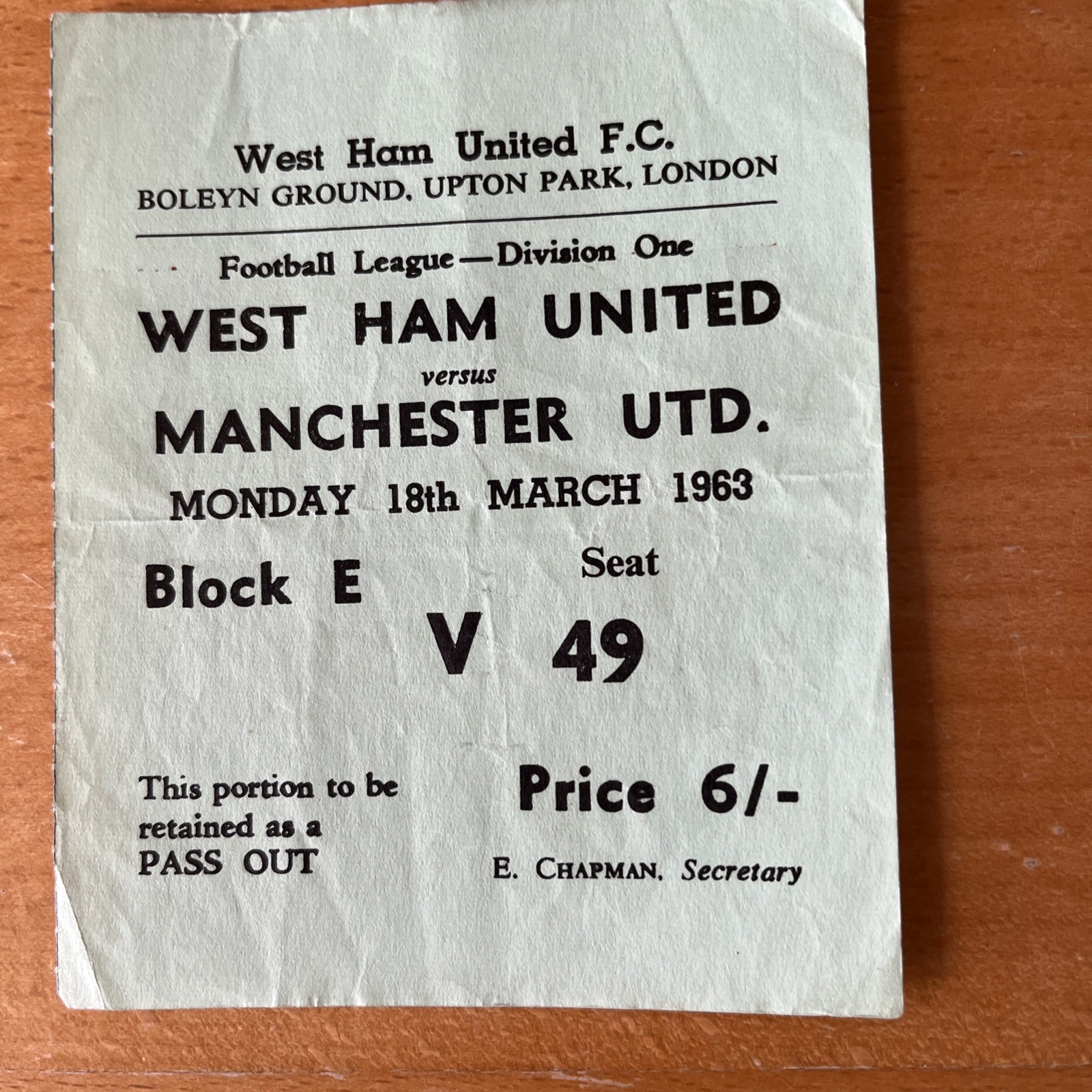  TICKET 1963 West Ham v MANCHESTER MAN UTD UNITED  for sale on Ebay