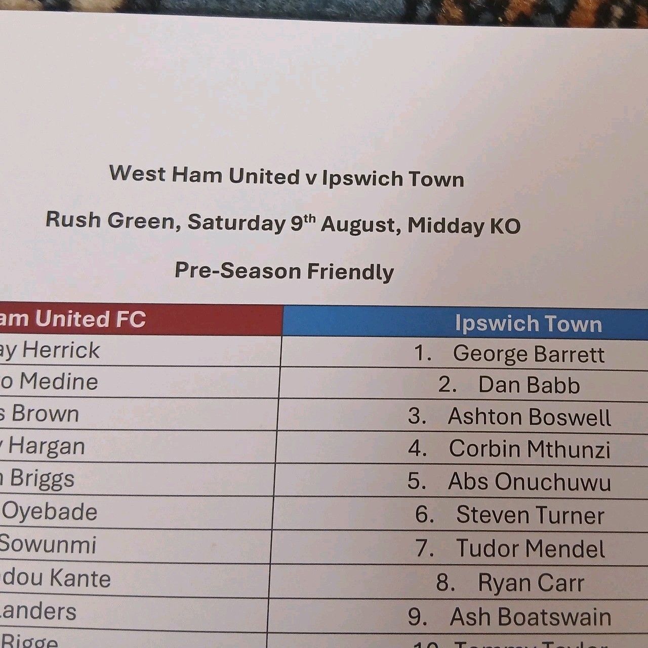 West Ham u21s V Ipswich u21s BCD OFFICIAL Pre Season Friendly Team Sheet 9/8 25 for sale on Ebay