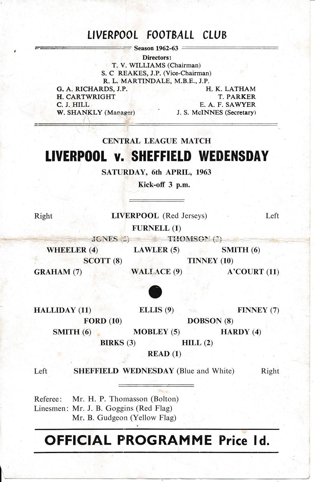 Liverpool Reserves v Sheffield Wednesday (Central League) 1962/1963 for sale on Ebay