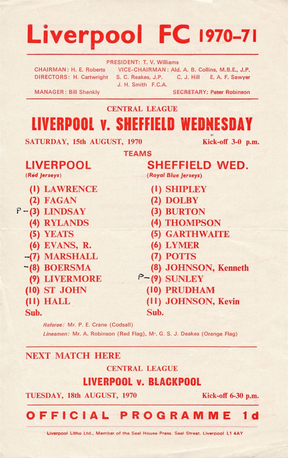 Liverpool Reserves v Sheffield Wednesday (Central League) 1970/1971 for sale on Ebay