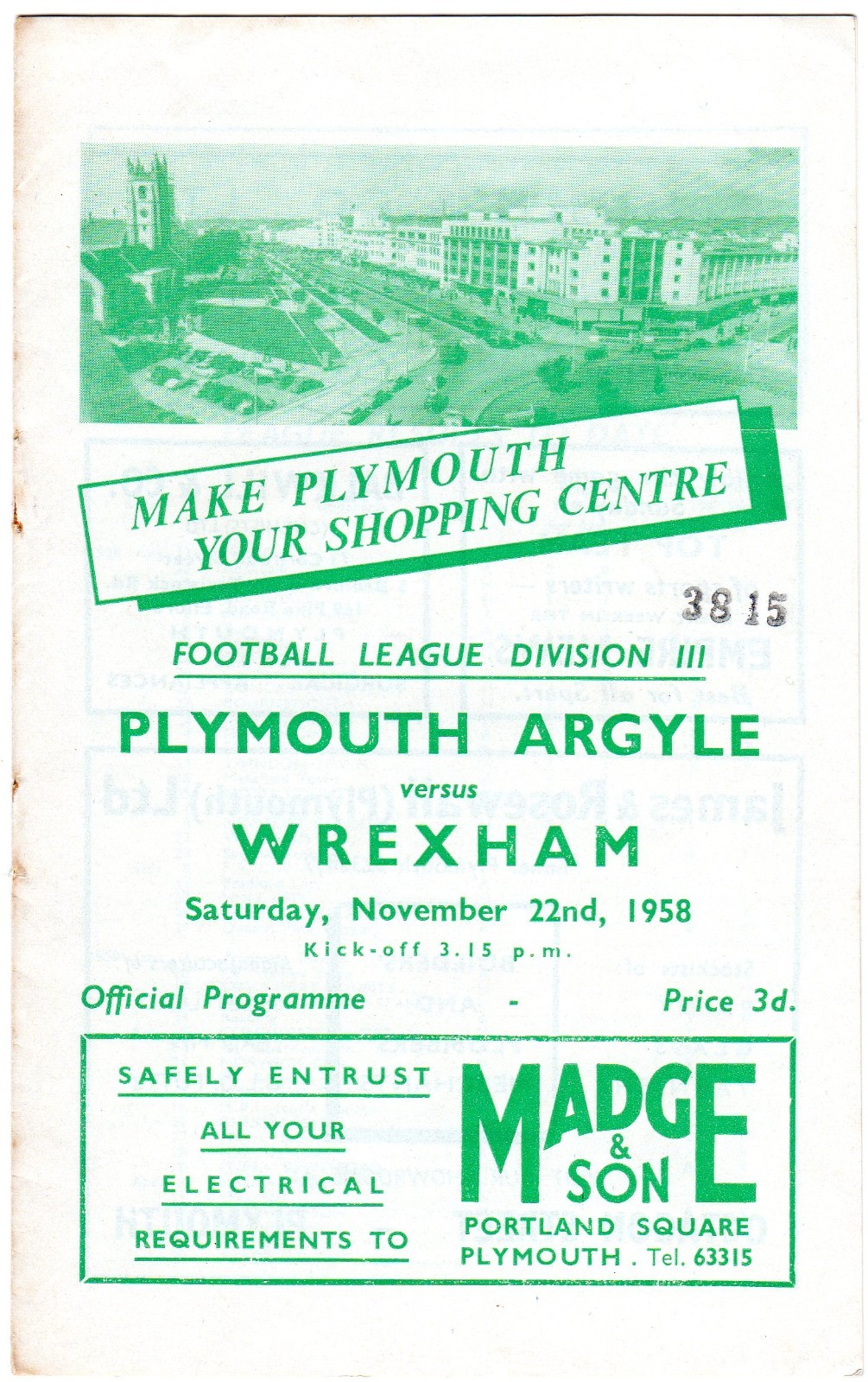 Plymouth Argyle v Wrexham  November 22nd 1958 for sale on Ebay