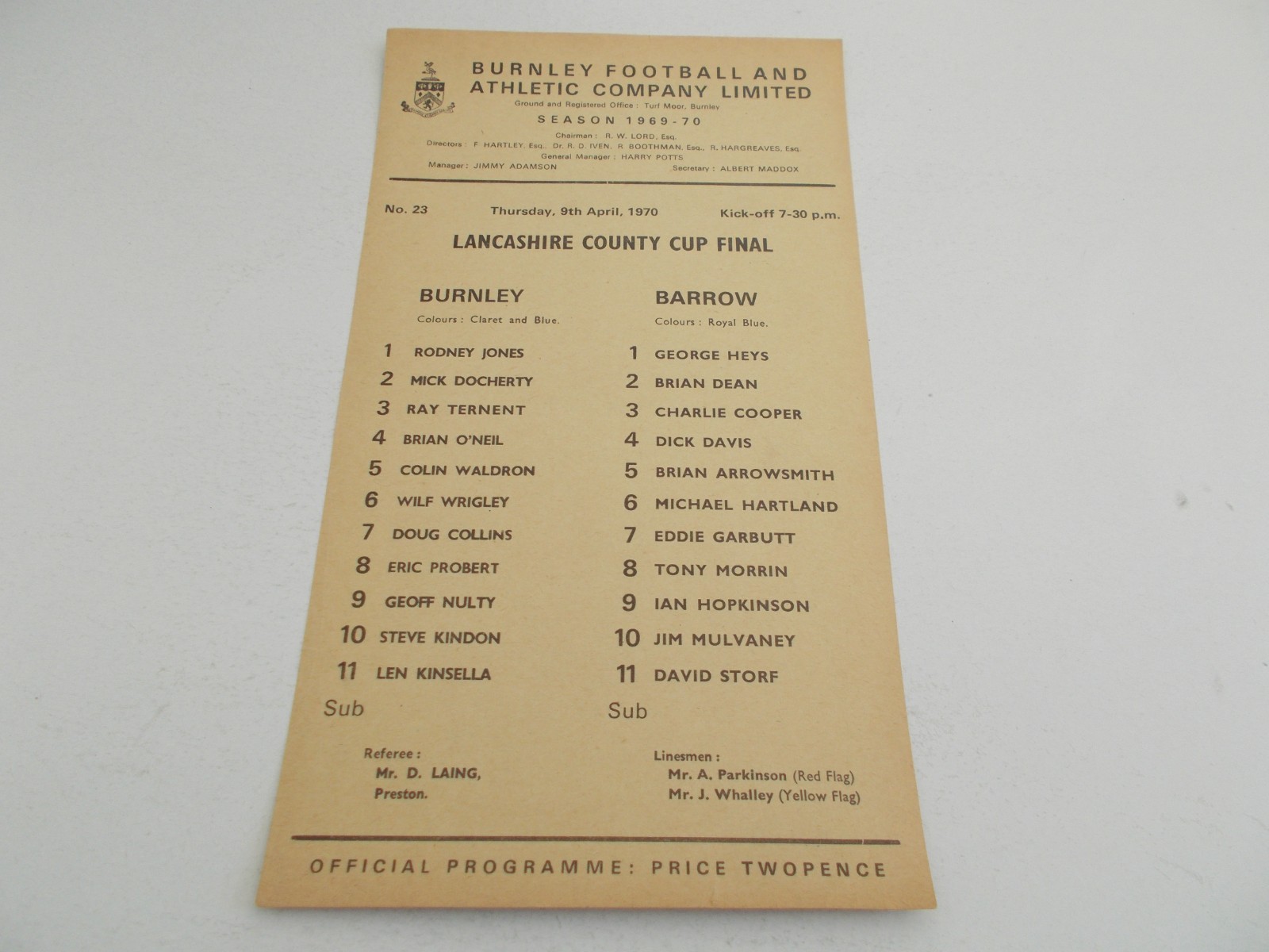 Burnley  v  Barrow  69/70  Lancashire Senior Cup Final for sale on Ebay