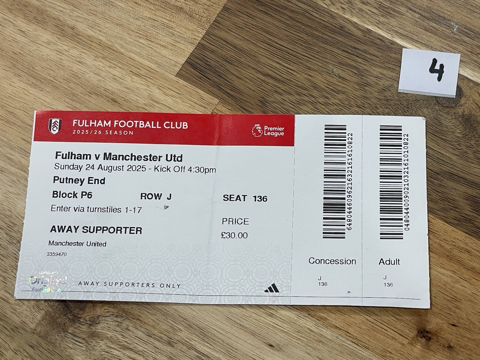 Fulham v Manchester United | Ticket Stub | 24 August 2025 for sale on Ebay