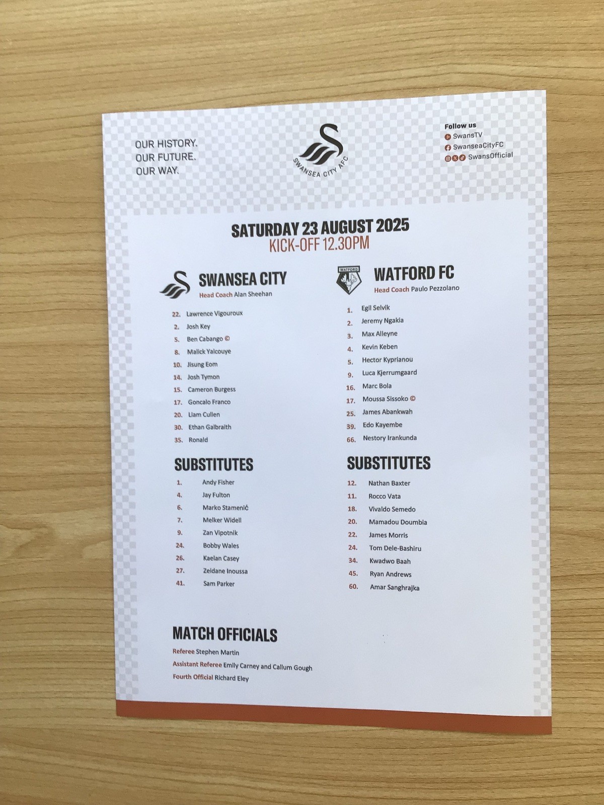 Swansea City v Watford Colour Team Sheet. for sale on Ebay