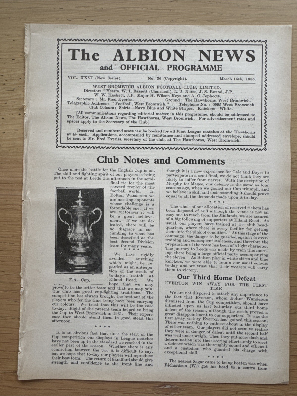 1934/35 - WBA West Bromwich Albion v Derby County RESERVES *WBA CHAMPIONS for sale on Ebay