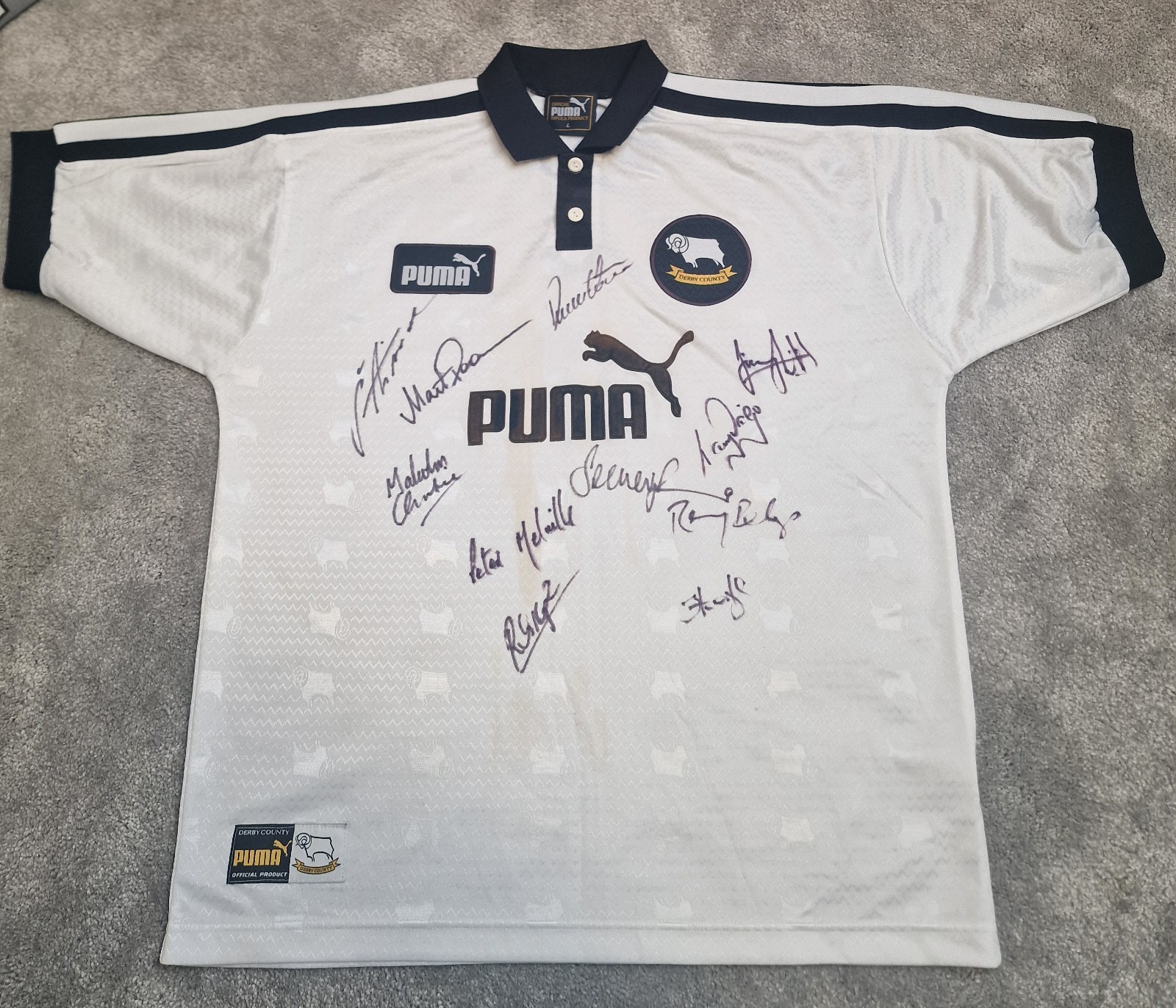 DERBY COUNTY 1997 1998 SIGNED HOME FOOTBALL SHIRT PUMA SHIRT SIZE L for sale on Ebay