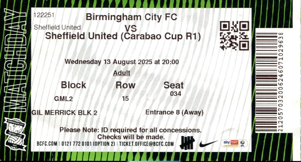 Birmingham City v Sheffield United 13/08/25 Ticket League Cup 1st Round for sale on Ebay