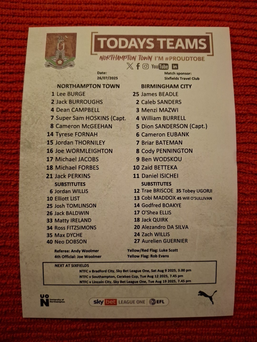 Northampton Town v Birmingham City official Teamsheet.  26/7/2025 for sale on Ebay