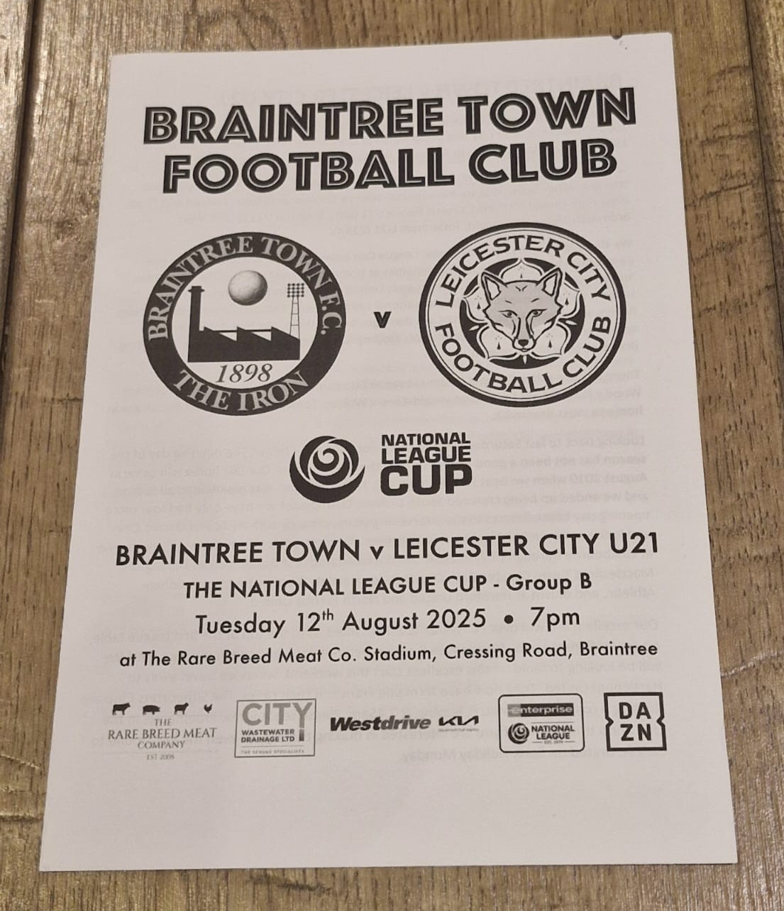 OFFICIAL PROGRAMME- BRAINTREE TOWN V LEICESTER CITY U21-NATIONAL LEAGUE CUP 2025 for sale on Ebay