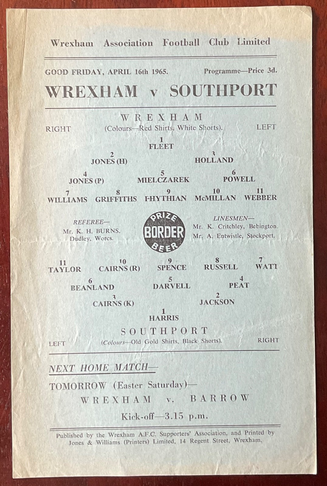 Wrexham v Southport (Division 4 ) 64/65 single sheet for sale on Ebay