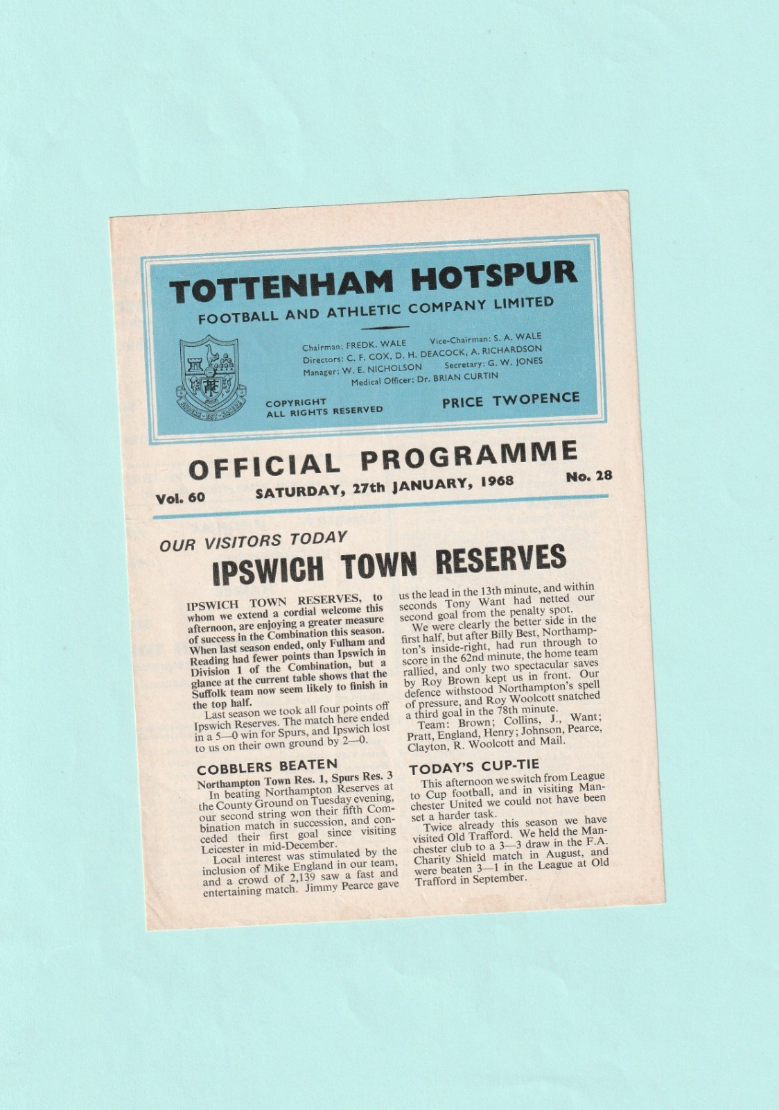1967-1968 FOOTBALL COMBINATION : TOTTENHAM v IPSWICH TOWN RESERVES 27/01/68 for sale on Ebay
