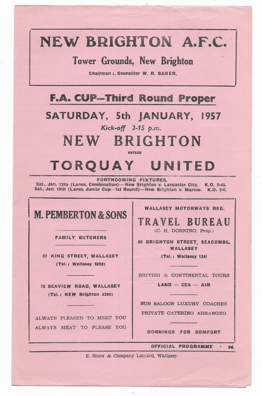 1956/57 FA Cup 3rd Round - NEW BRIGHTON v. TORQUAY UNITED for sale on Ebay