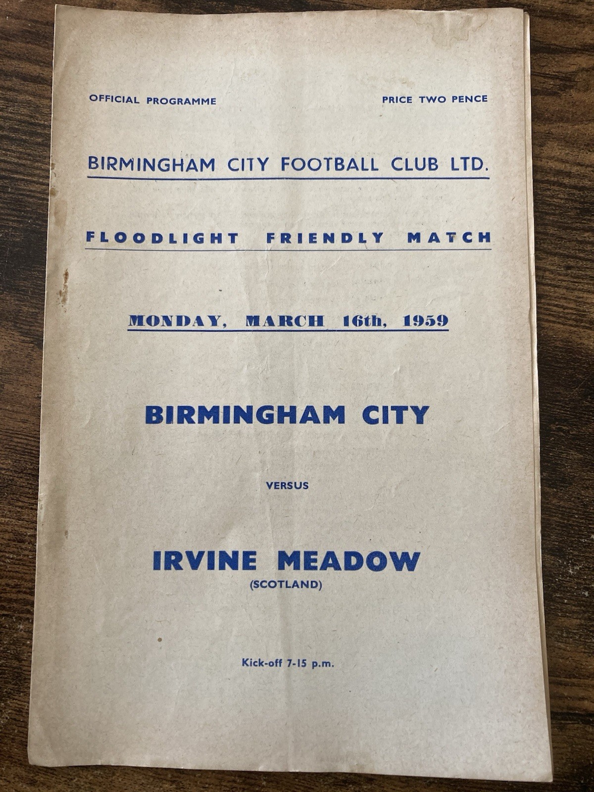 Birmingham City v Irvine Meadow 1959 1958/59 Floodlight Friendly Match FREE POST for sale on Ebay