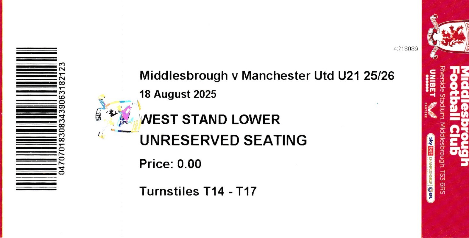 MIDDLESBROUGH U21 v MANCHESTER UNITED U21 PREMIER LEAGUE 2 TICKET UK POST FREE for sale on Ebay