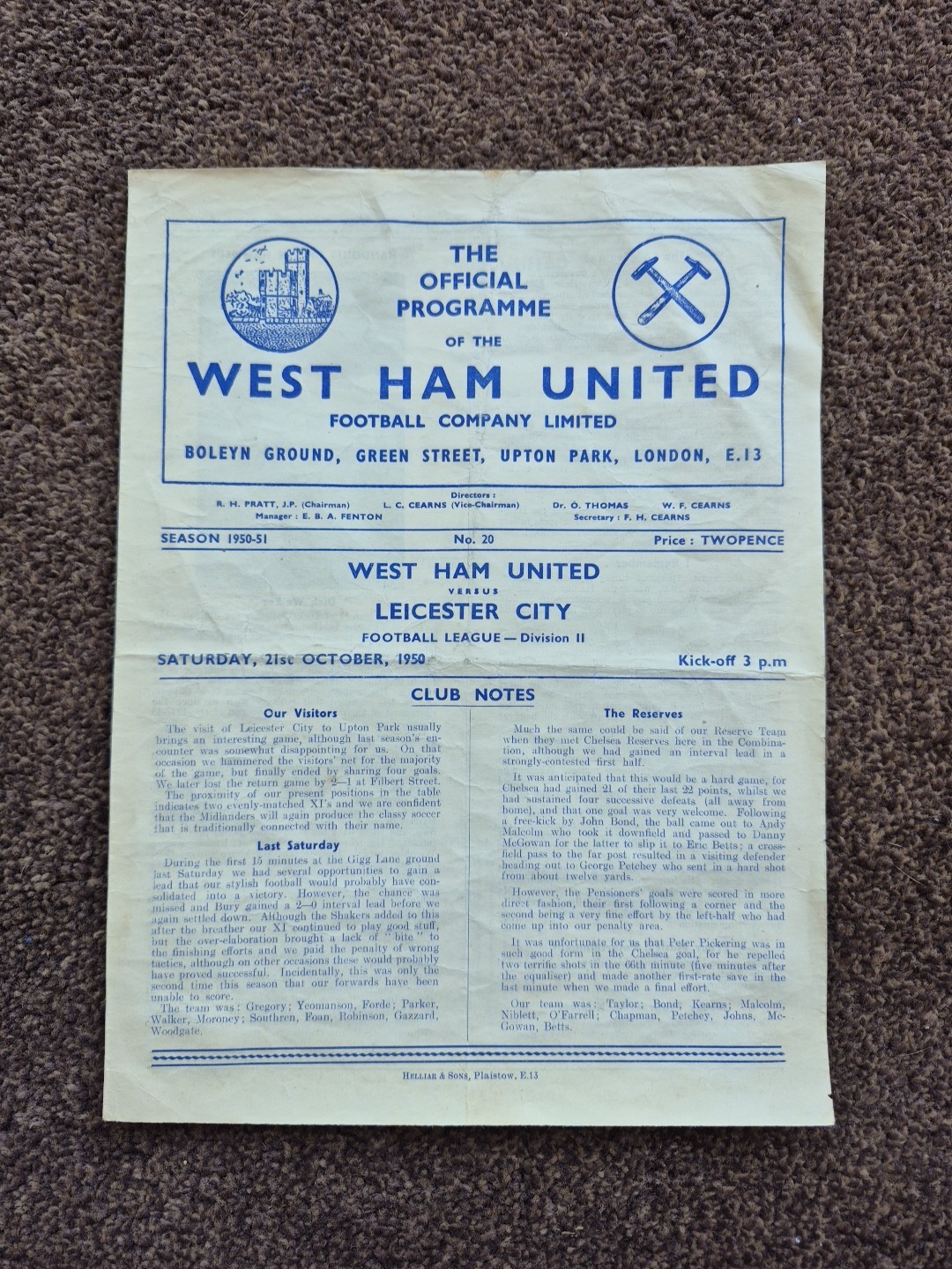 West Ham United Official Programme, Vs Leicester City, Div. 2, Sat. 21 Oct. 1950 for sale on Ebay