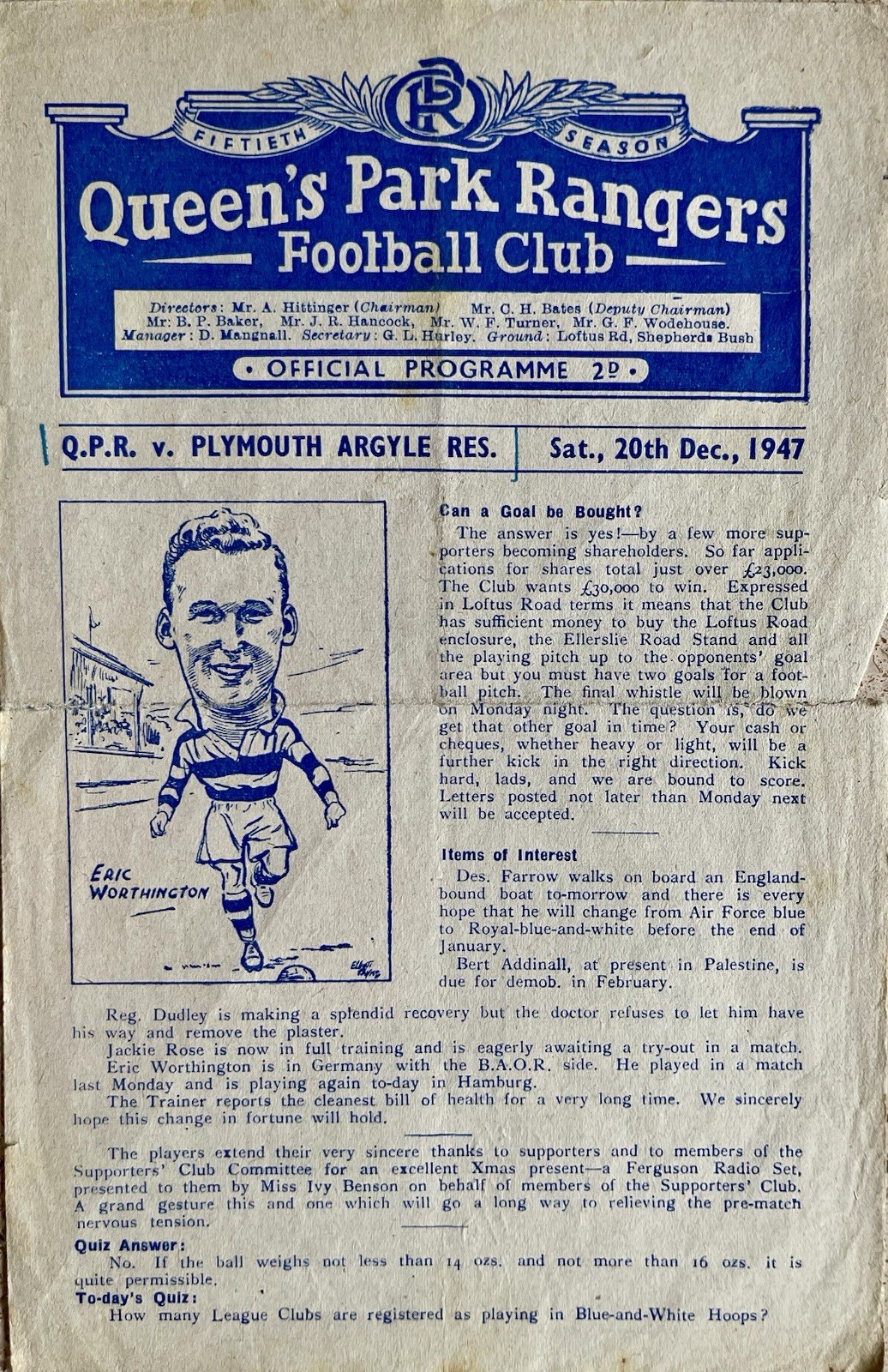QUEENS PARK RANGERS-QPR-PLYMOUTH ARGYLE RES.-1947-Football Programme for sale on Ebay