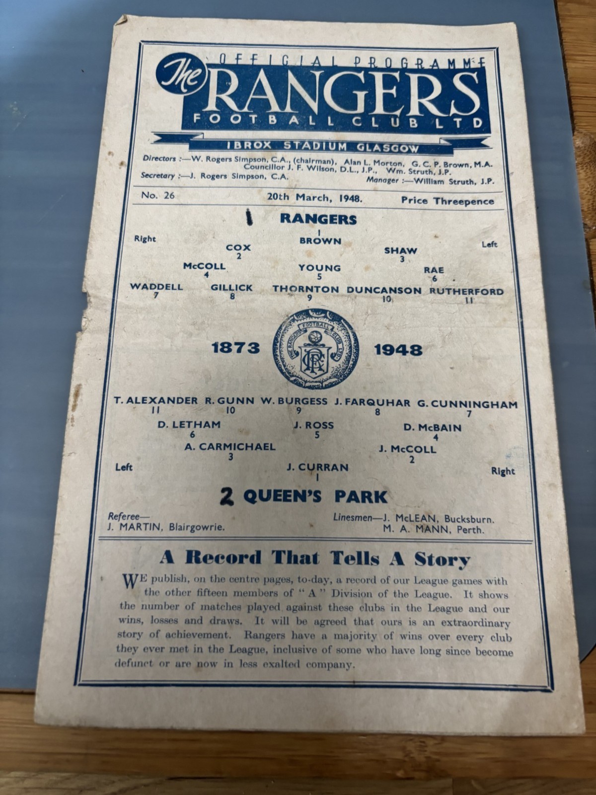 RANGERS v QUEENS PARK March 1948 No. 26 for sale on Ebay